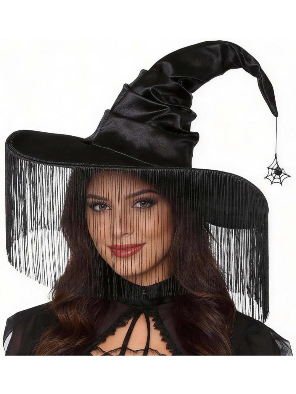🎃Women's Tassels Black 18 Inches Wicked Wizard Hat with Wide Brim Witch Hat
